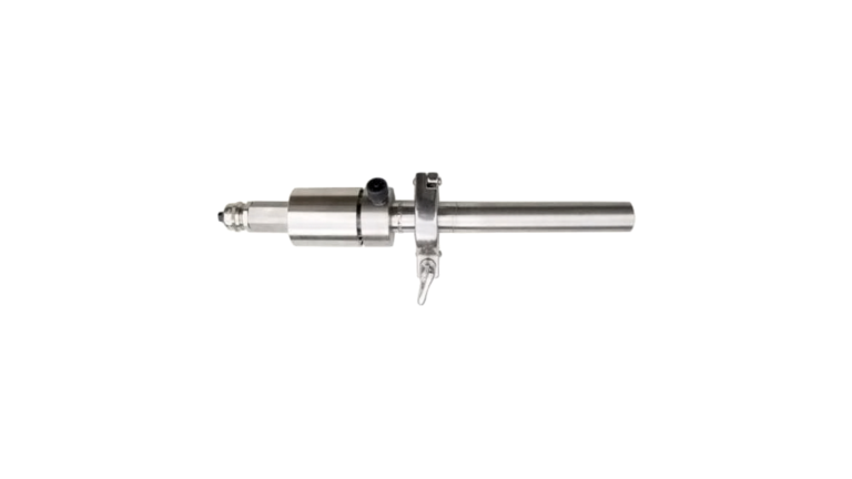 Stainless steel pneumatic cylinder rod with mounting bracket and side valve port for mounting to equipment