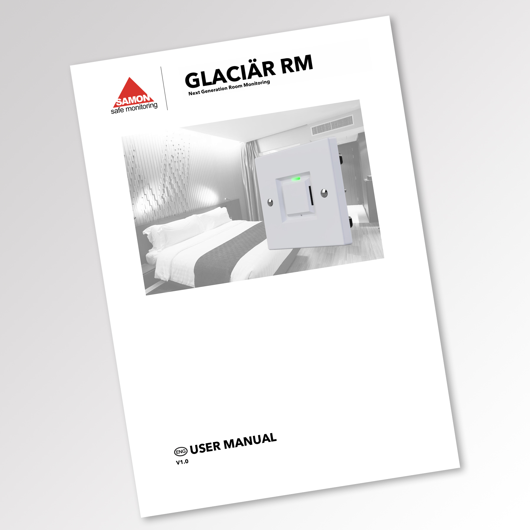 Capa de um manual de utilizador para GLACIAR RM da SAMON Safe Monitoring, com um quarto de hotel e um dispositivo de controlo montado na parede.
